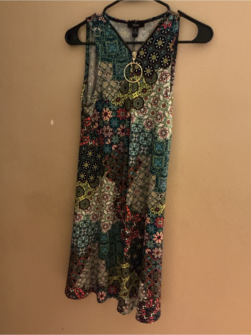 MSK Teal Navy Coral Patchwork Print Sleeveless Dress with Gold Ring